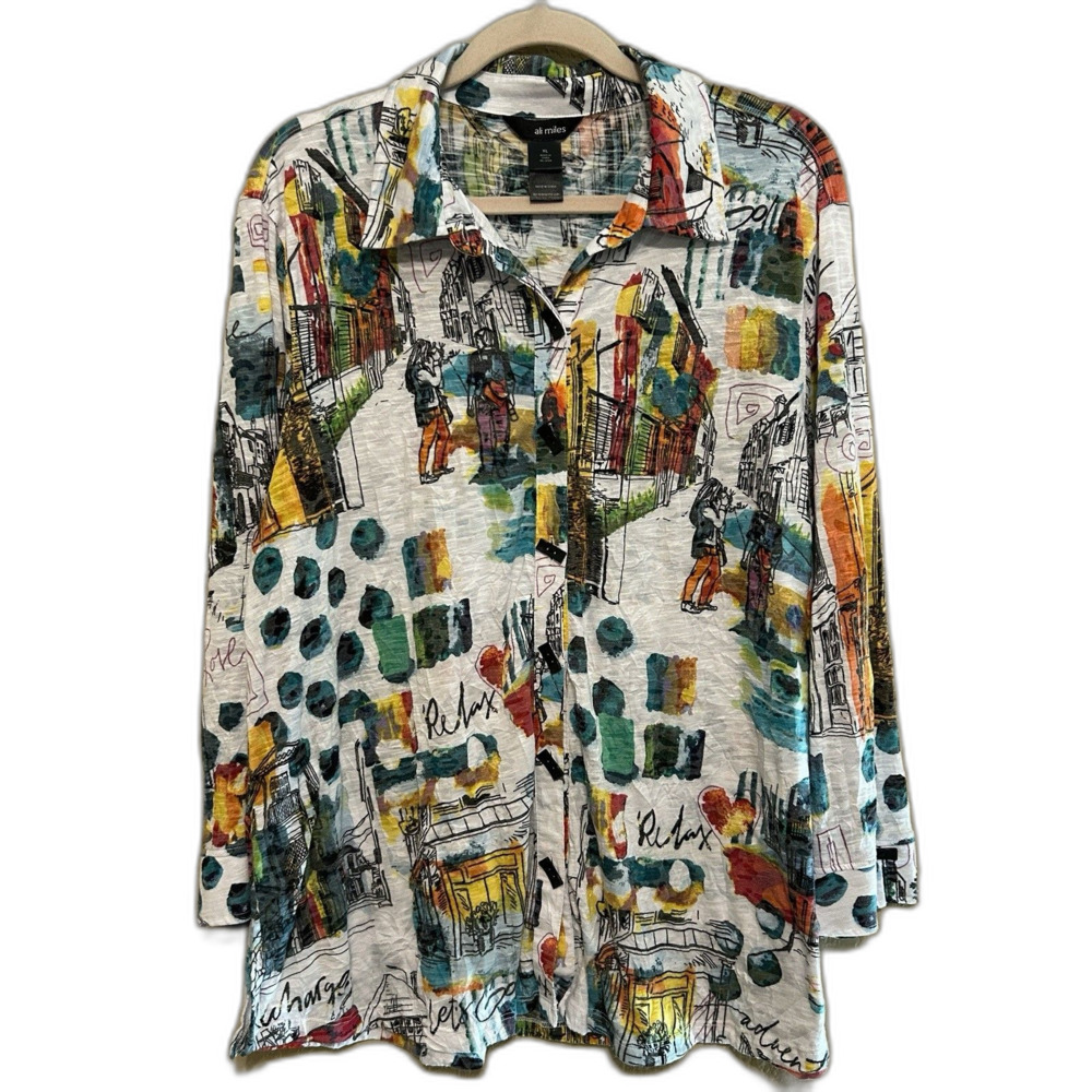 Ali Miles Button Front Tunic Top Womens XL City Scene Eclectic Artsy Print